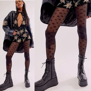 NWT Free People Starburst Tights With Floral Lace Knees OS